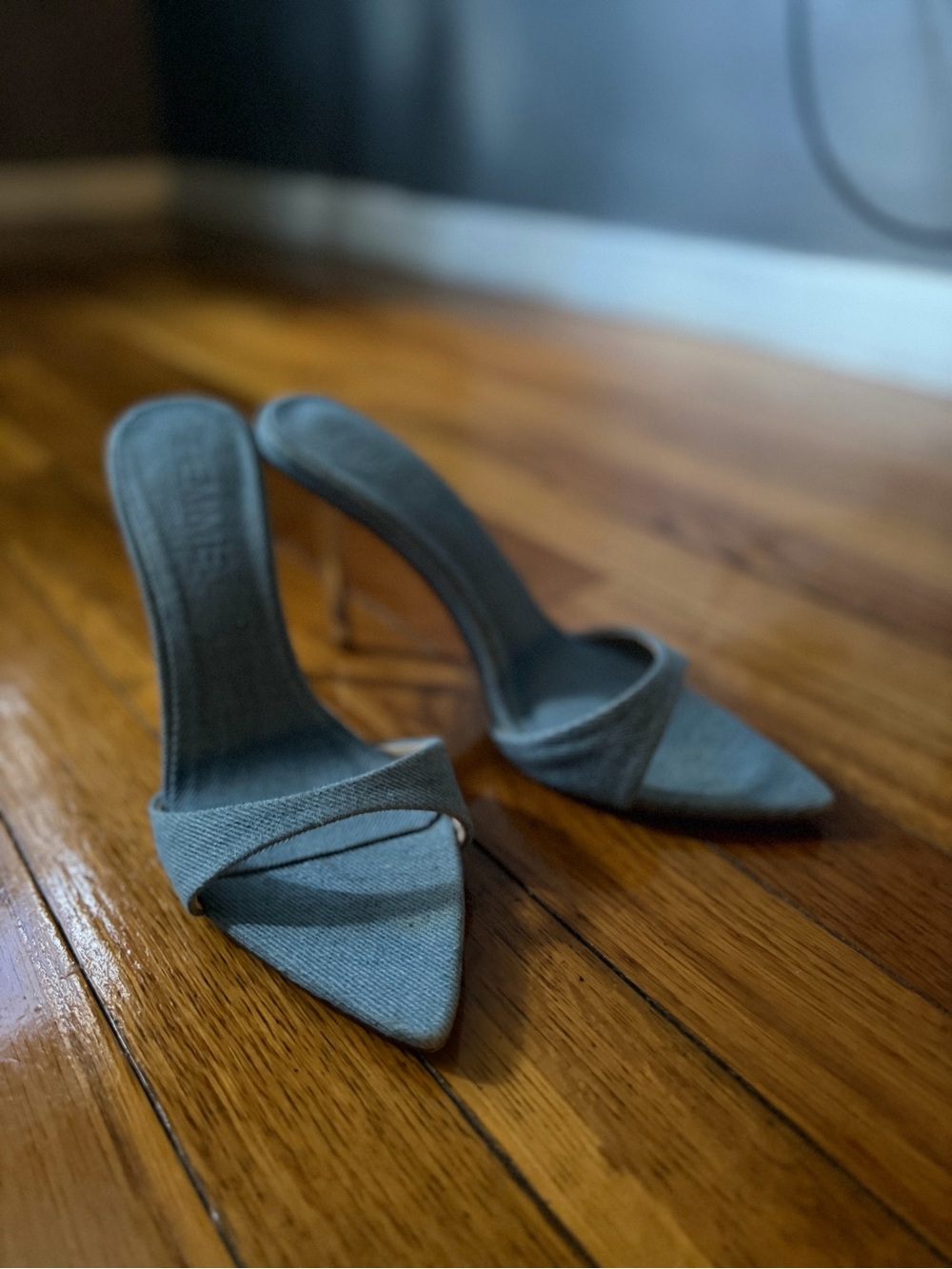 Pointed Toe Slip-On Mule denim heels